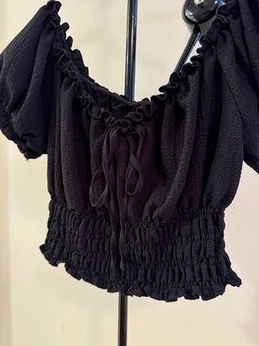 Black Ruffle Tie-Front Smocked Crop Top